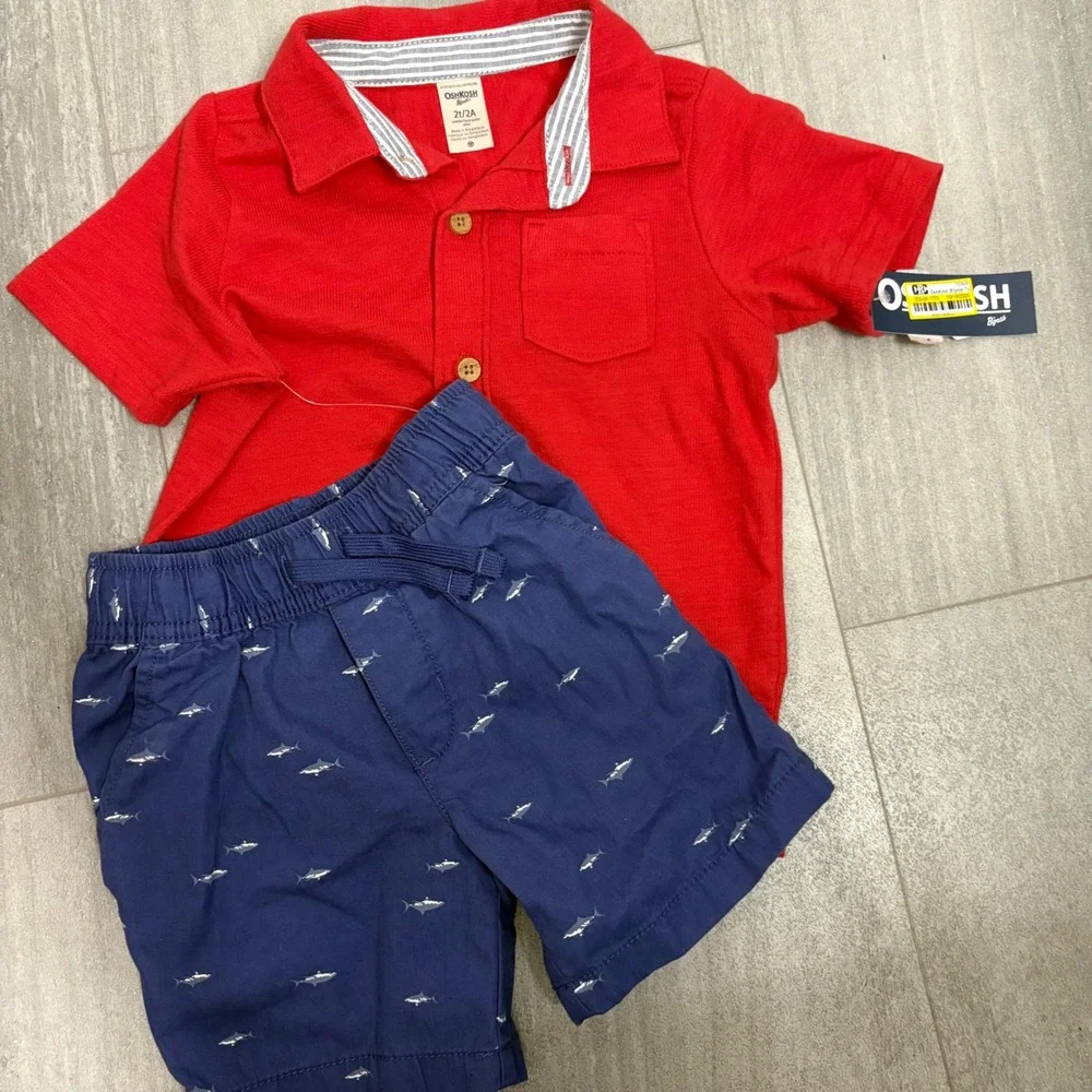 OshKosh B'gosh Toddler Boys‎ 2T Red Polo Shirt and Navy Shark Print Shorts Set